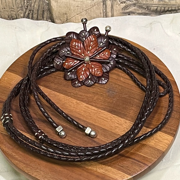 Y2K Era BRIGHTON Braided Leather Rope Bolo Belt w 3D Flower & Silver Metal Hardw